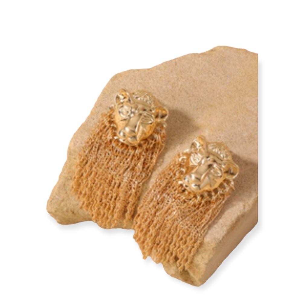 Designer inspired gold fringe lion earrings